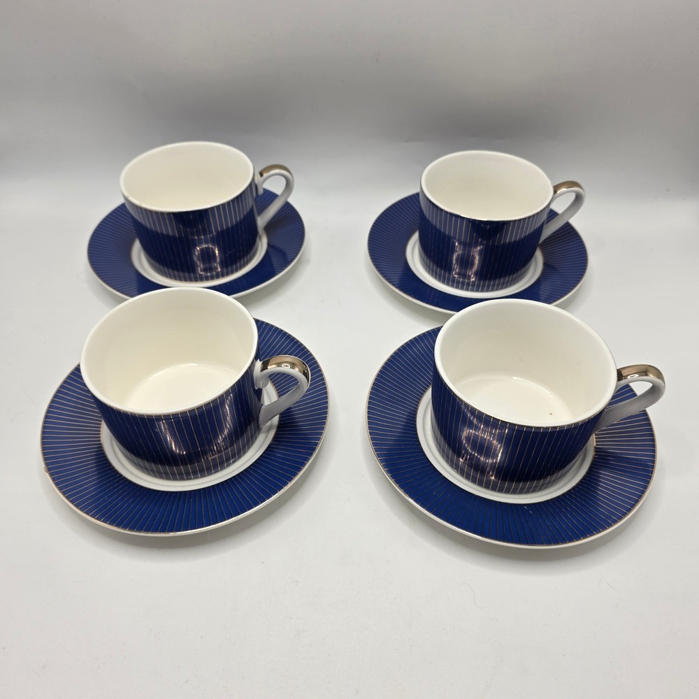 Cobalt Blue Gold Pinstripe Tea Cup & Saucer Set‎ 4 Fine Porcelain Tea Party